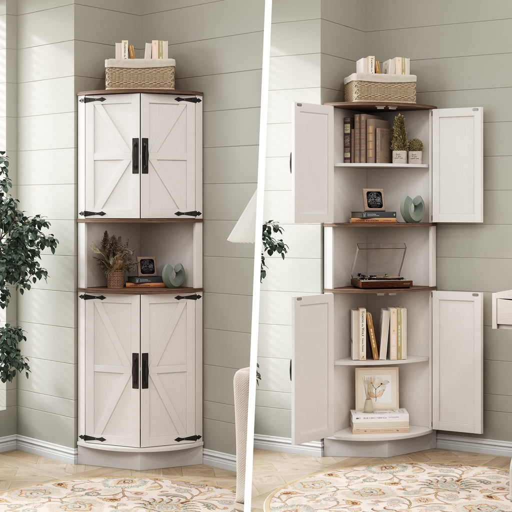 White Tall Corner Storage Cabinet with 4 Doors and 5 Shelves F253