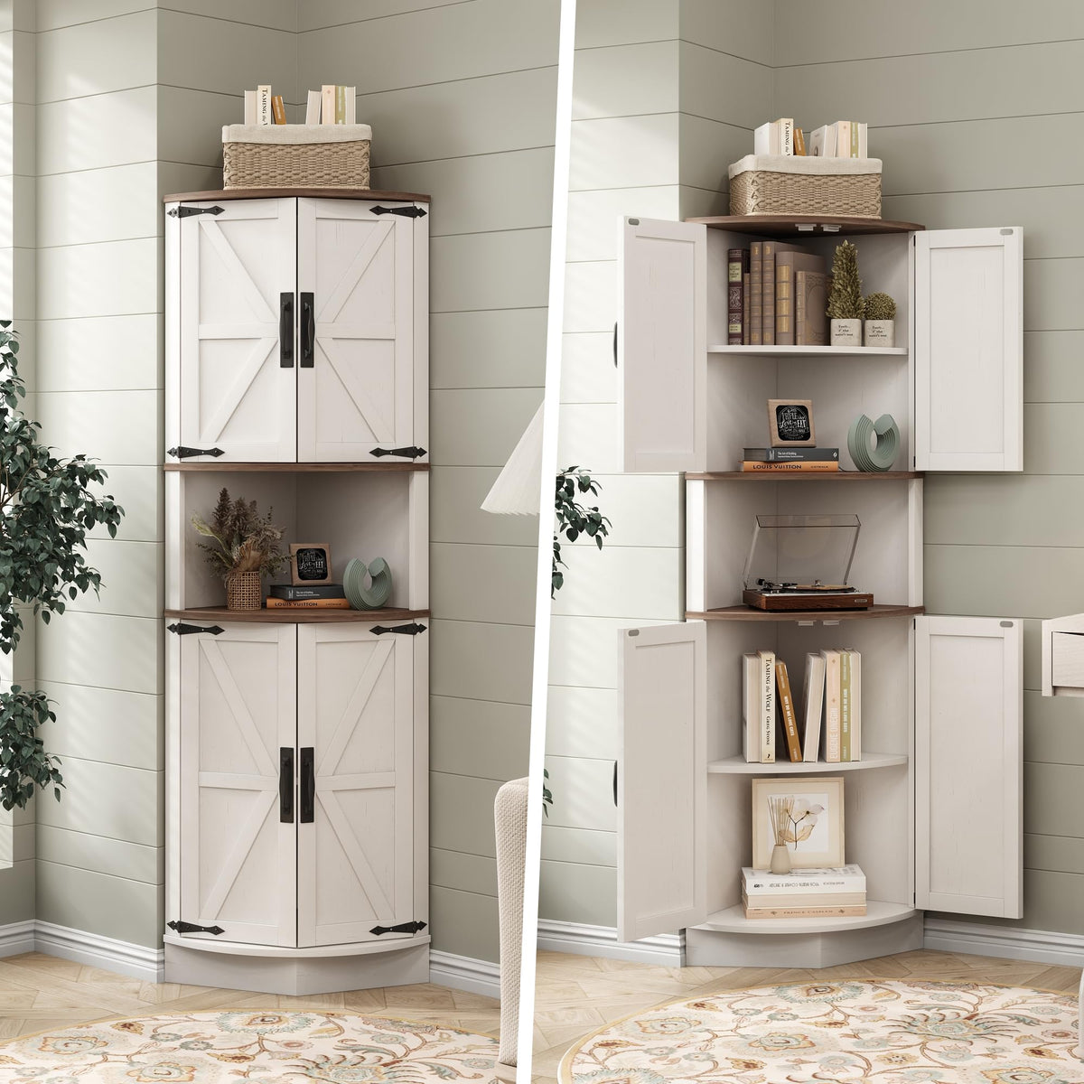 White Tall Corner Storage Cabinet with 4 Doors and 5 Shelves F253