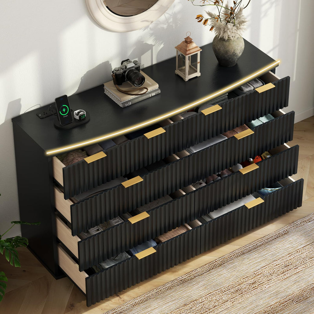 Black 8 Drawer Fluted Wood Dresser with Power Outlet D72455
