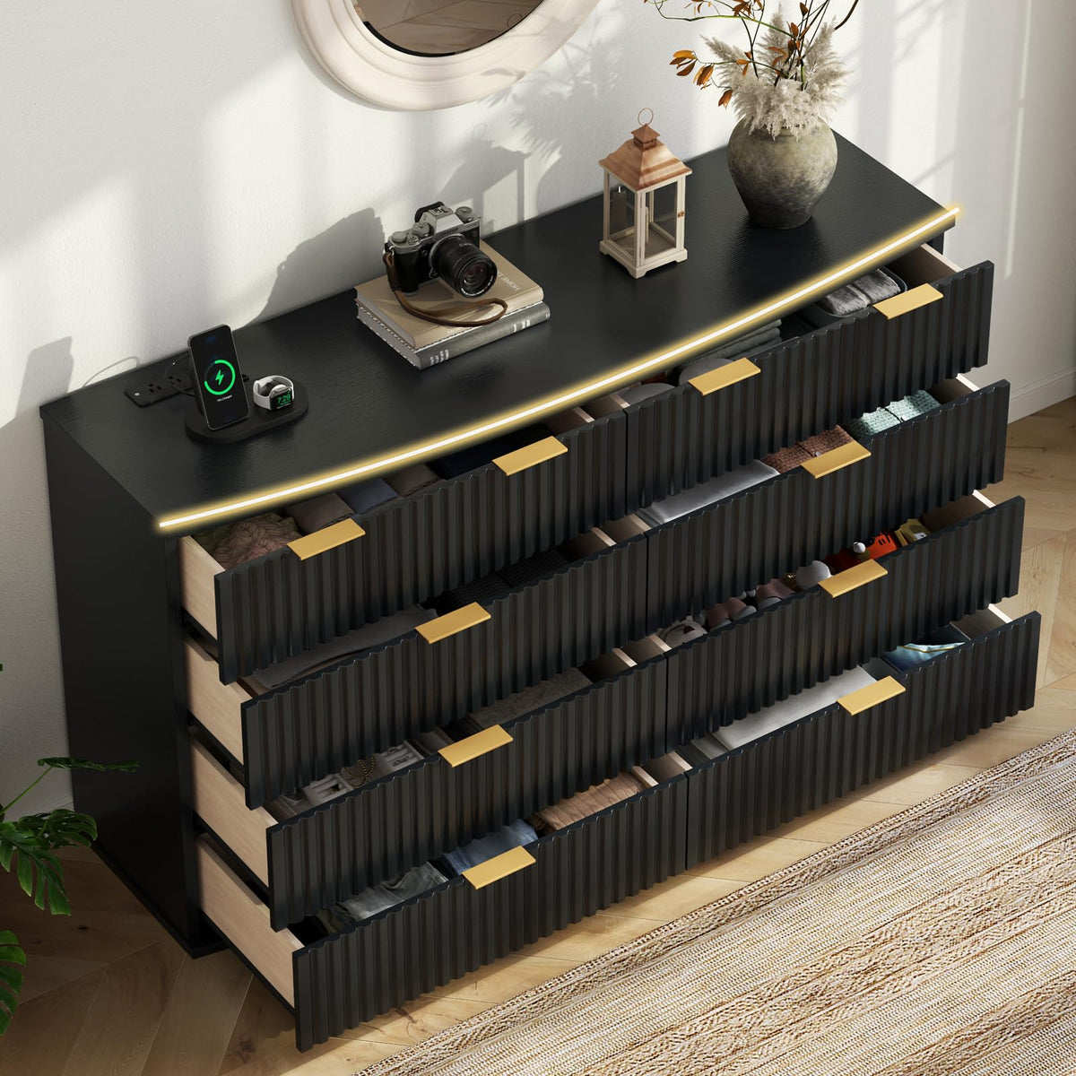 Black 8 Drawer Fluted Wood Dresser with Power Outlet D72455