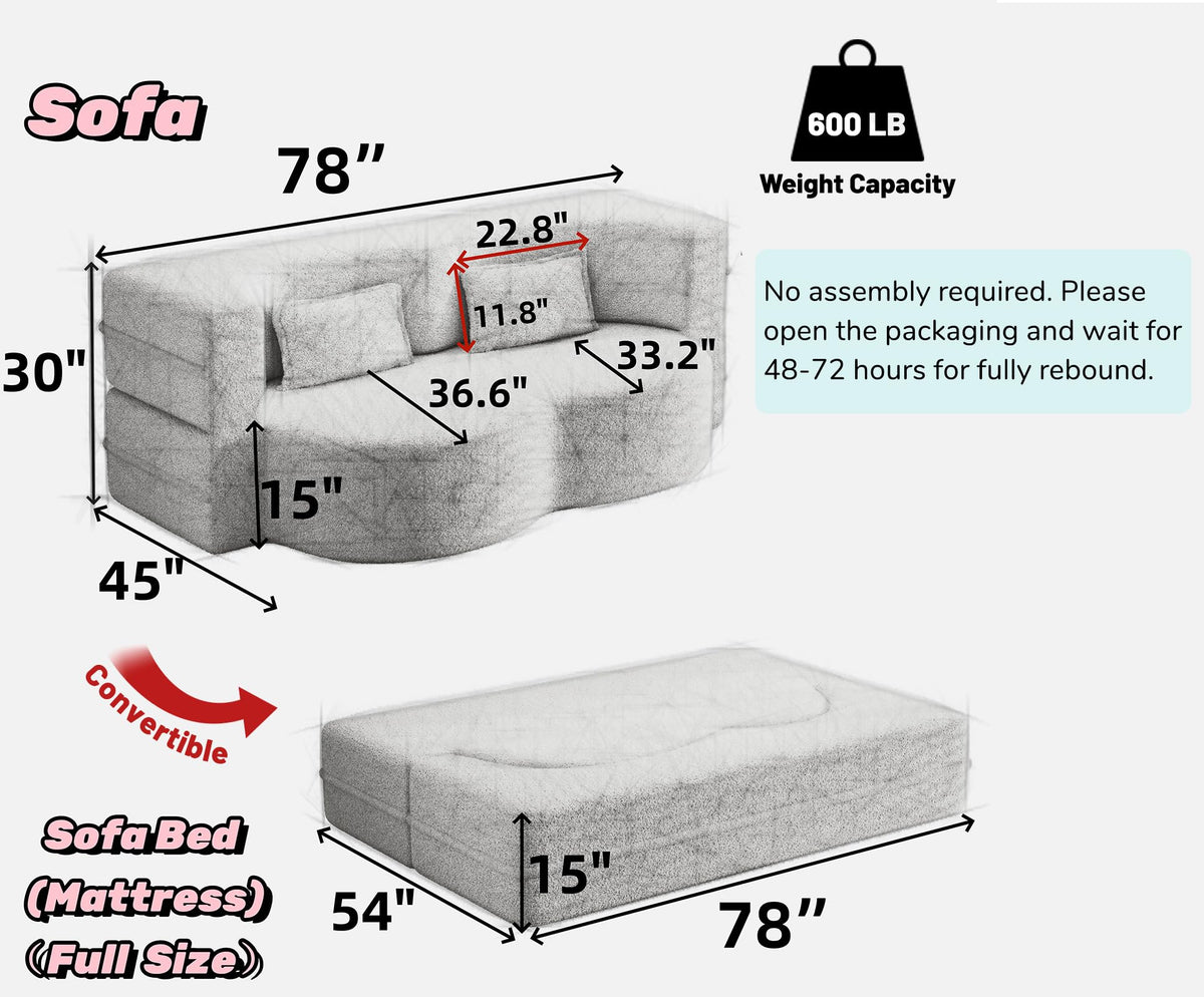 78" Full Size Pink Folding Sofa Bed L7143