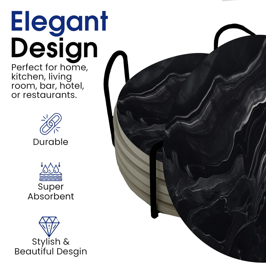 Black Marble Ceramic Coasters Set of 6 with Metal Stand Z17952