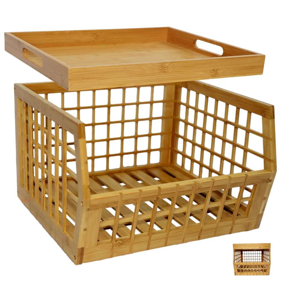 Bamboo Stackable Medium Storage Bins with Serving Tray Lid X4878
