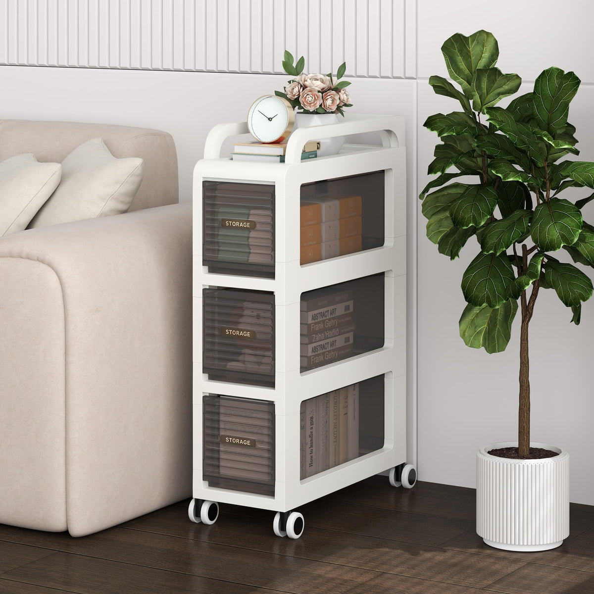 7.87" Wide Slim Bathroom Storage with Drawers and Wheels K249