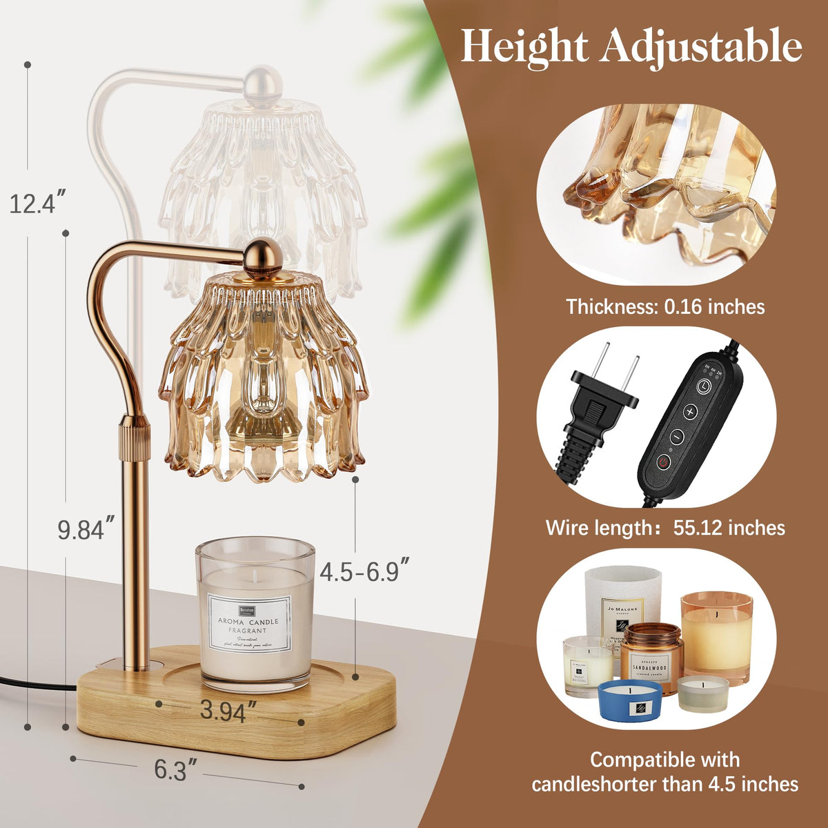 Candle Warmer Lamp with Timer Dimmer Adjustable Height Glass R429