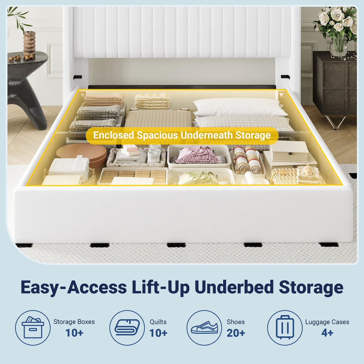 Queen Size Lift Up Storage Bed Frame White B2651
