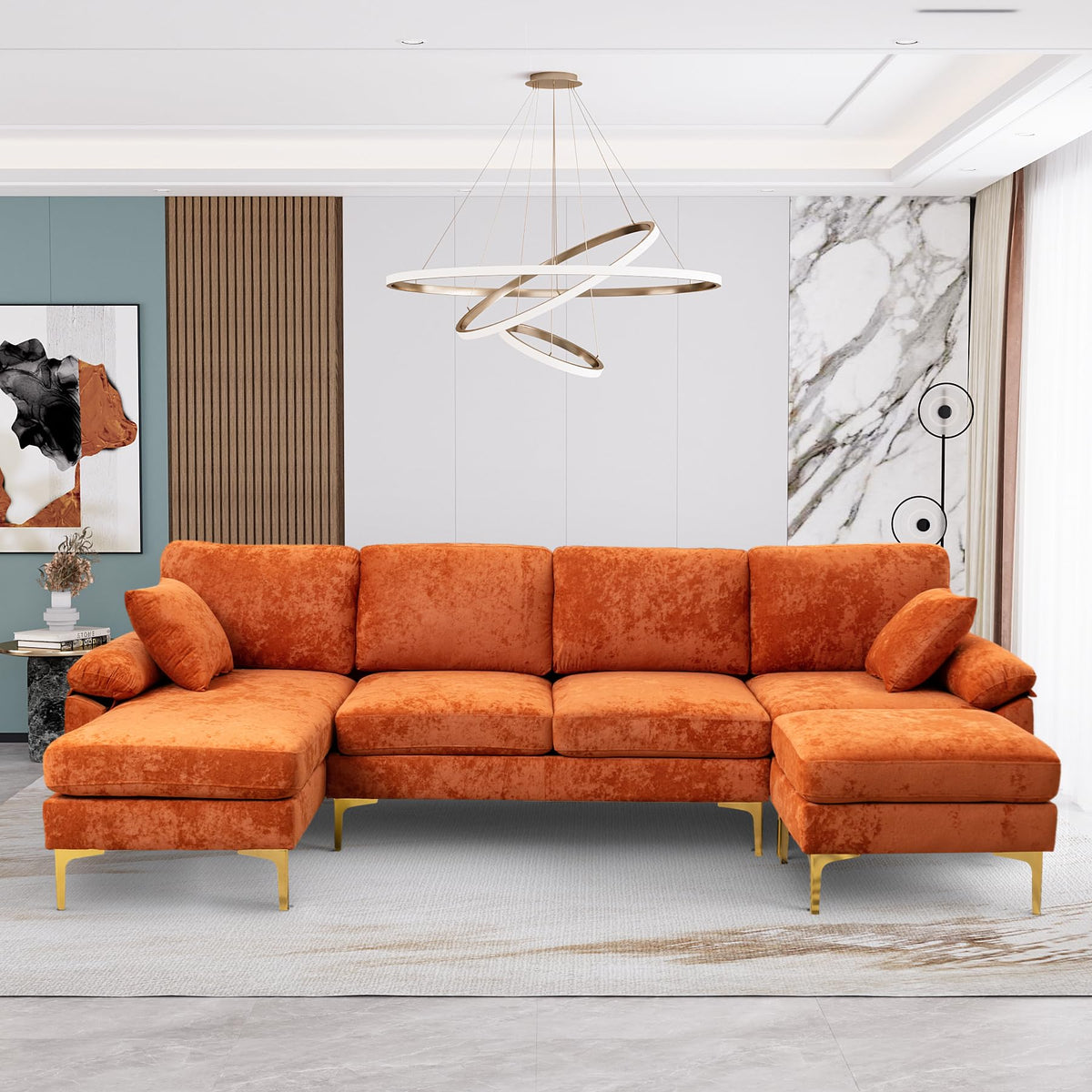 114" U-Shaped Velvet Sectional Couch with Ottoman D597