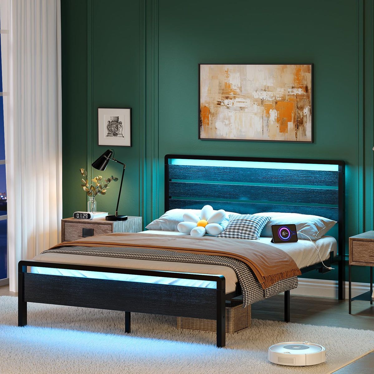 Full Size Metal Platform Bed Frame with LED Headboard and Charging Ports, Black U450