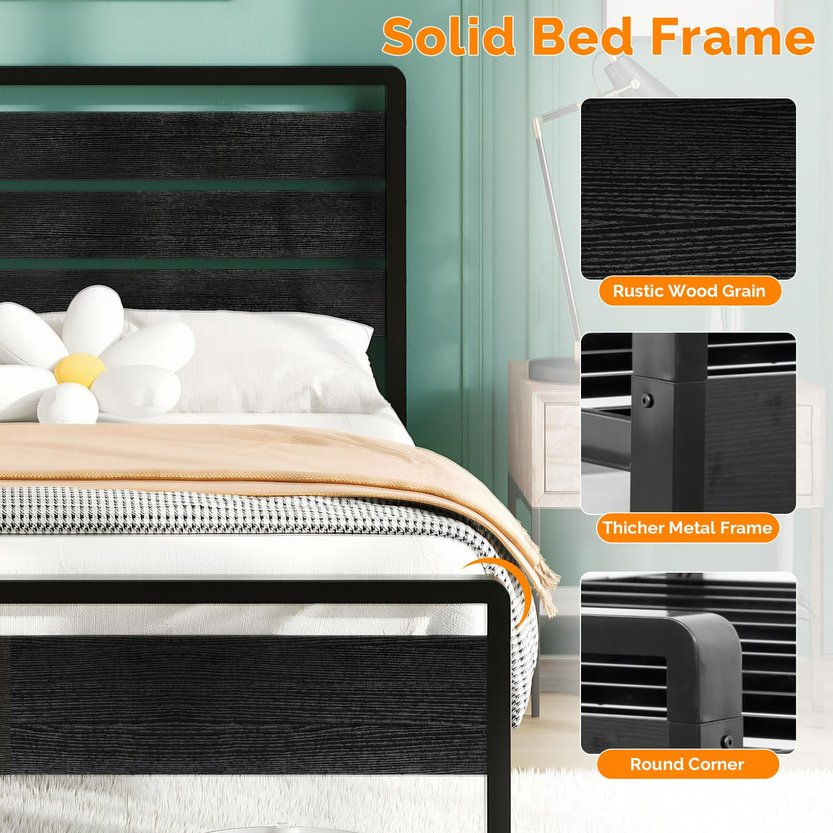 Full Size Metal Platform Bed Frame with LED Headboard and Charging Ports, Black U450