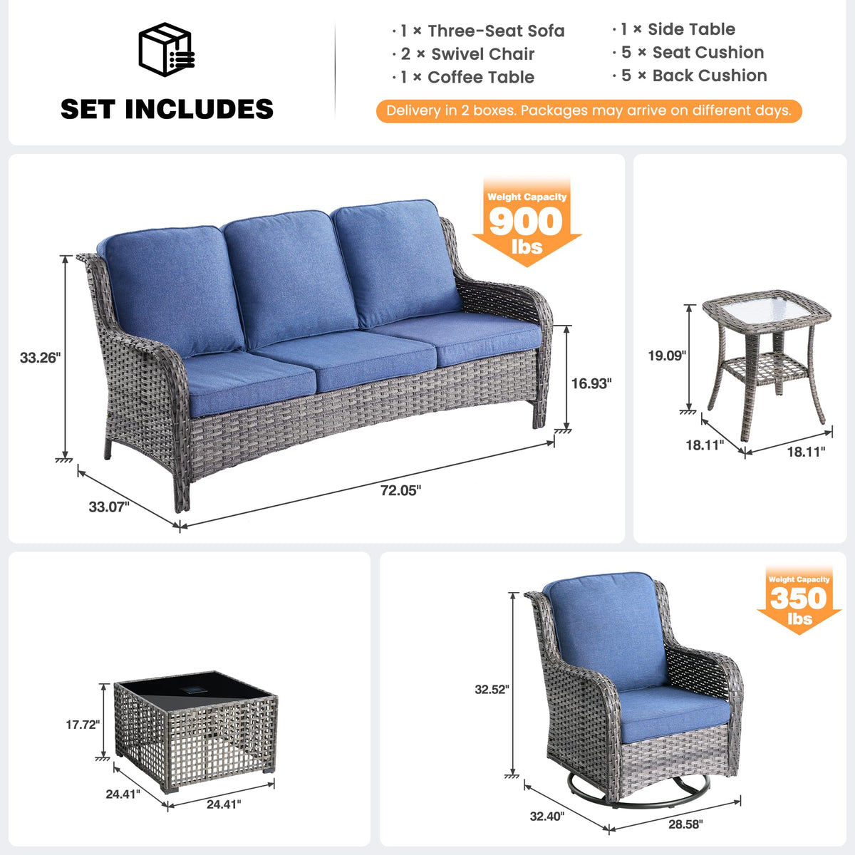 5-Piece Outdoor Wicker Sofa Set with Swivel Chairs M515