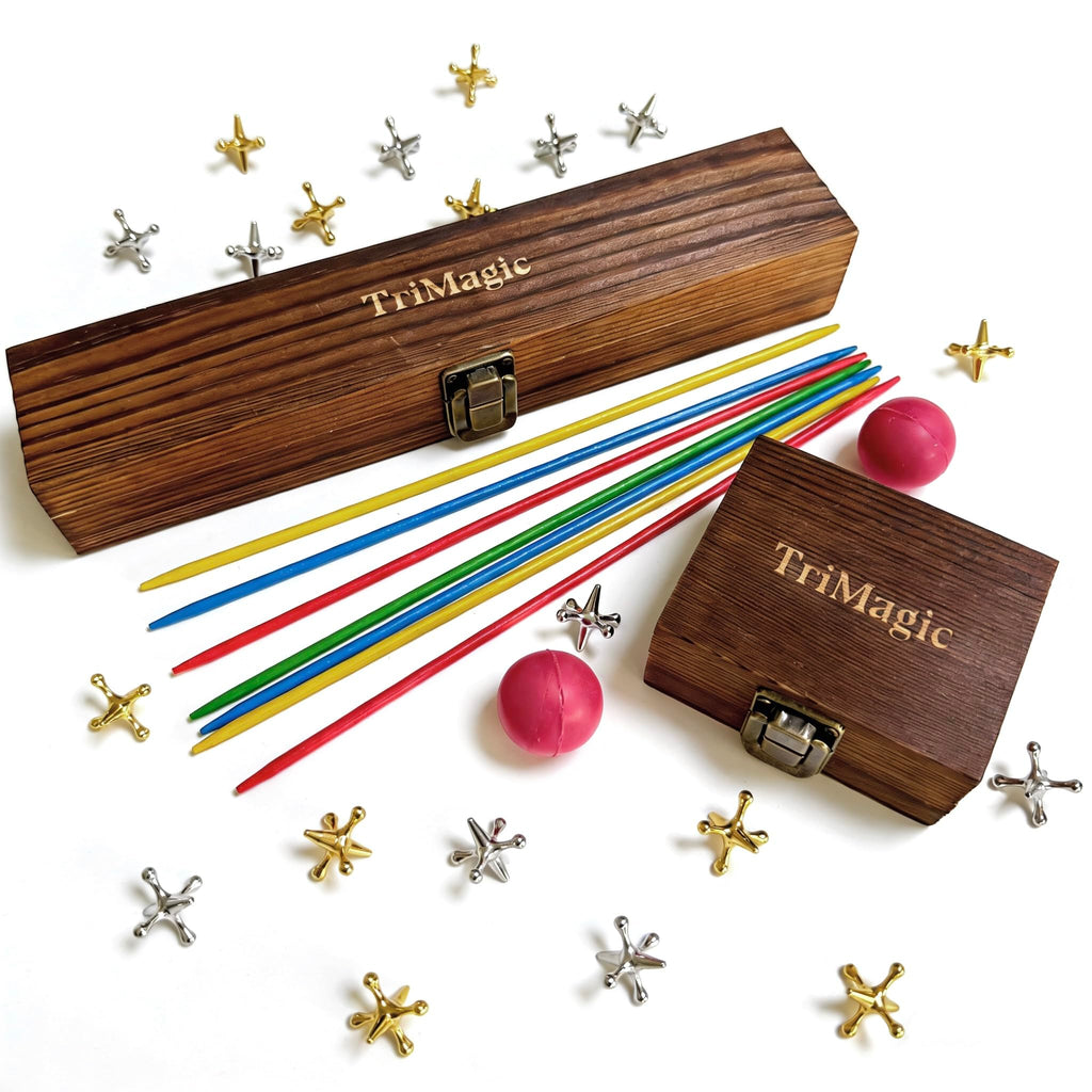 Wooden Gift Boxes 20 Metal Jacks 2 Balls 41 Colored Sticks V240