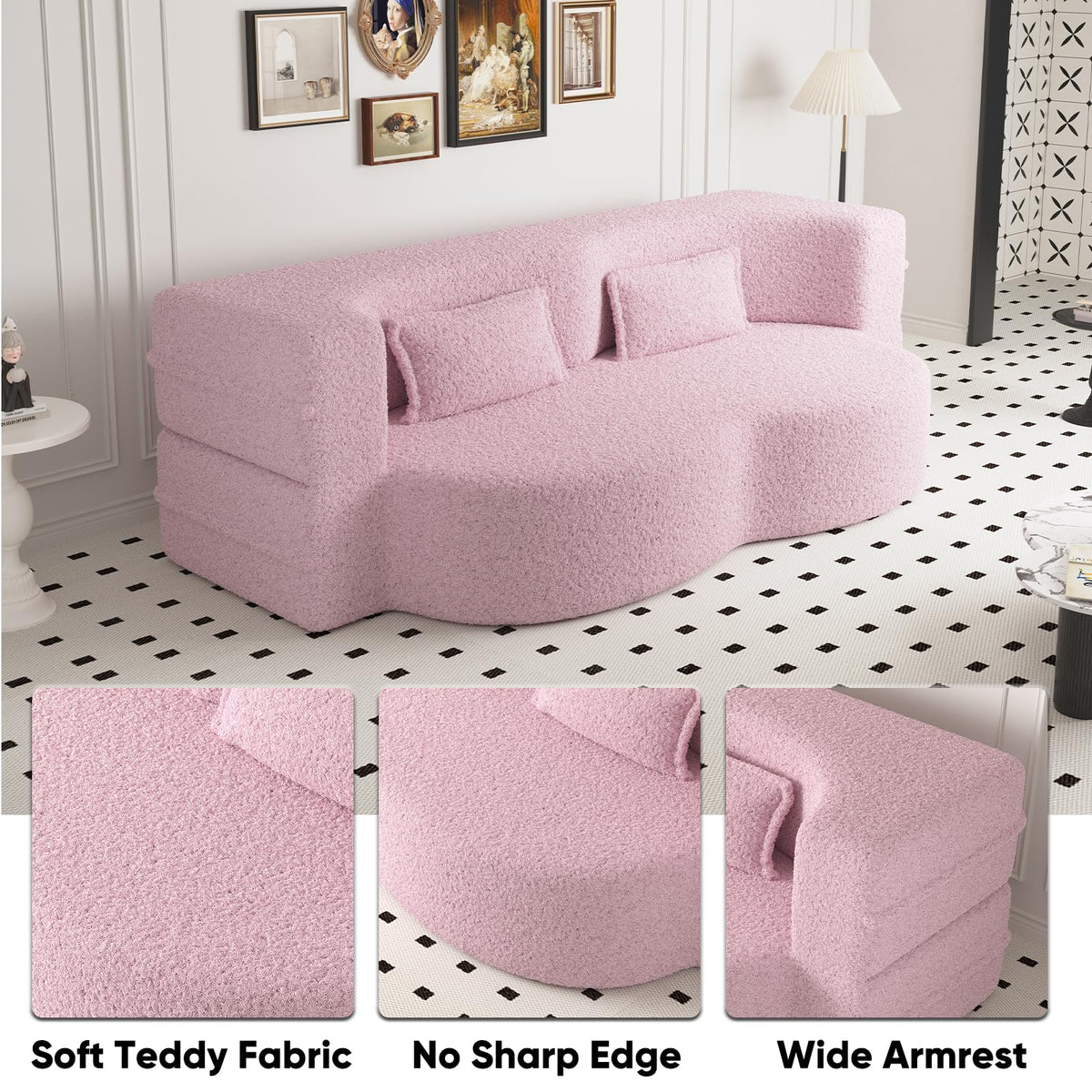 78" Full Size Pink Folding Sofa Bed L7143