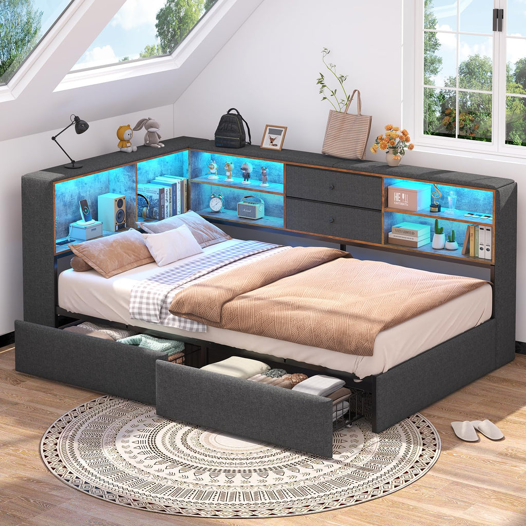 Twin Corner Bed Frame with Storage Drawers V6301