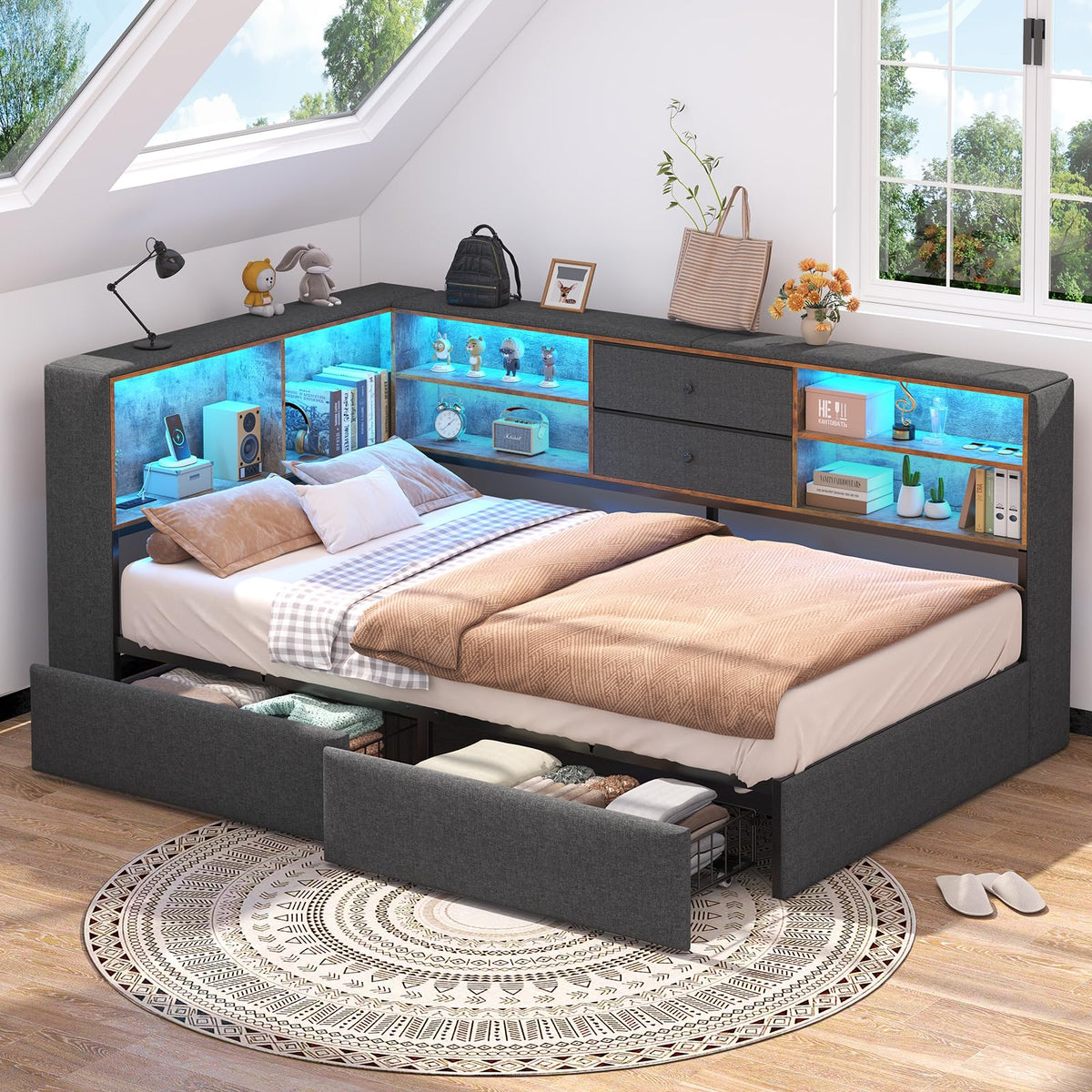 Twin Corner Bed Frame with Storage Drawers V6301
