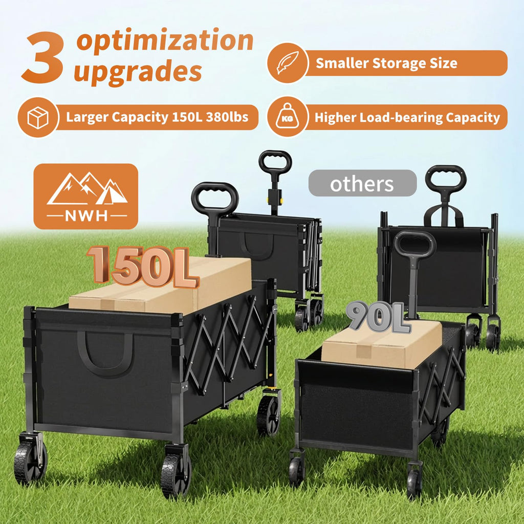 34'' Extra Long Collapsible Wagon, 380lbs Heavy Duty Utility Cart with All-Terrain Wheels U1556