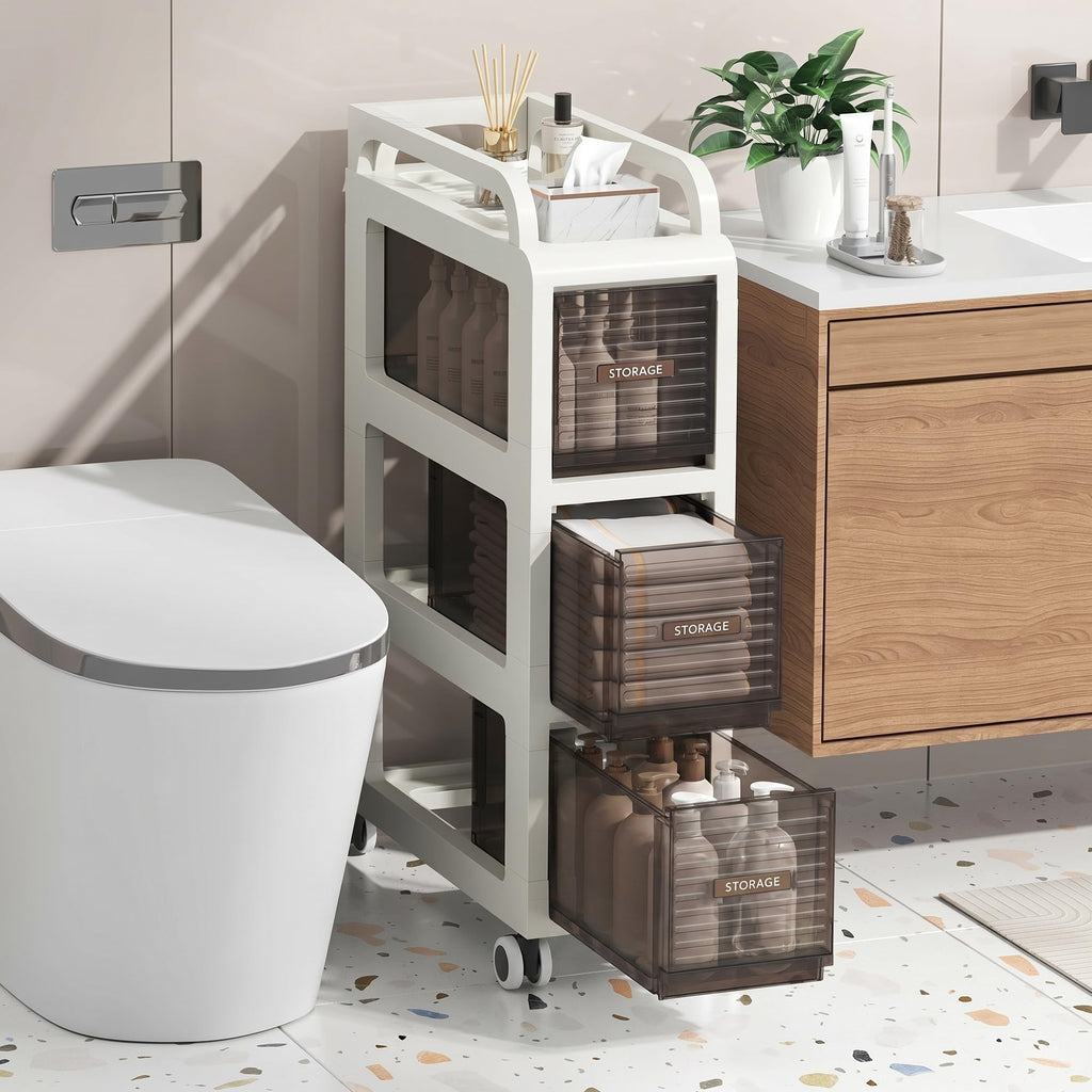 7.87" Wide Slim Bathroom Storage with Drawers and Wheels K249