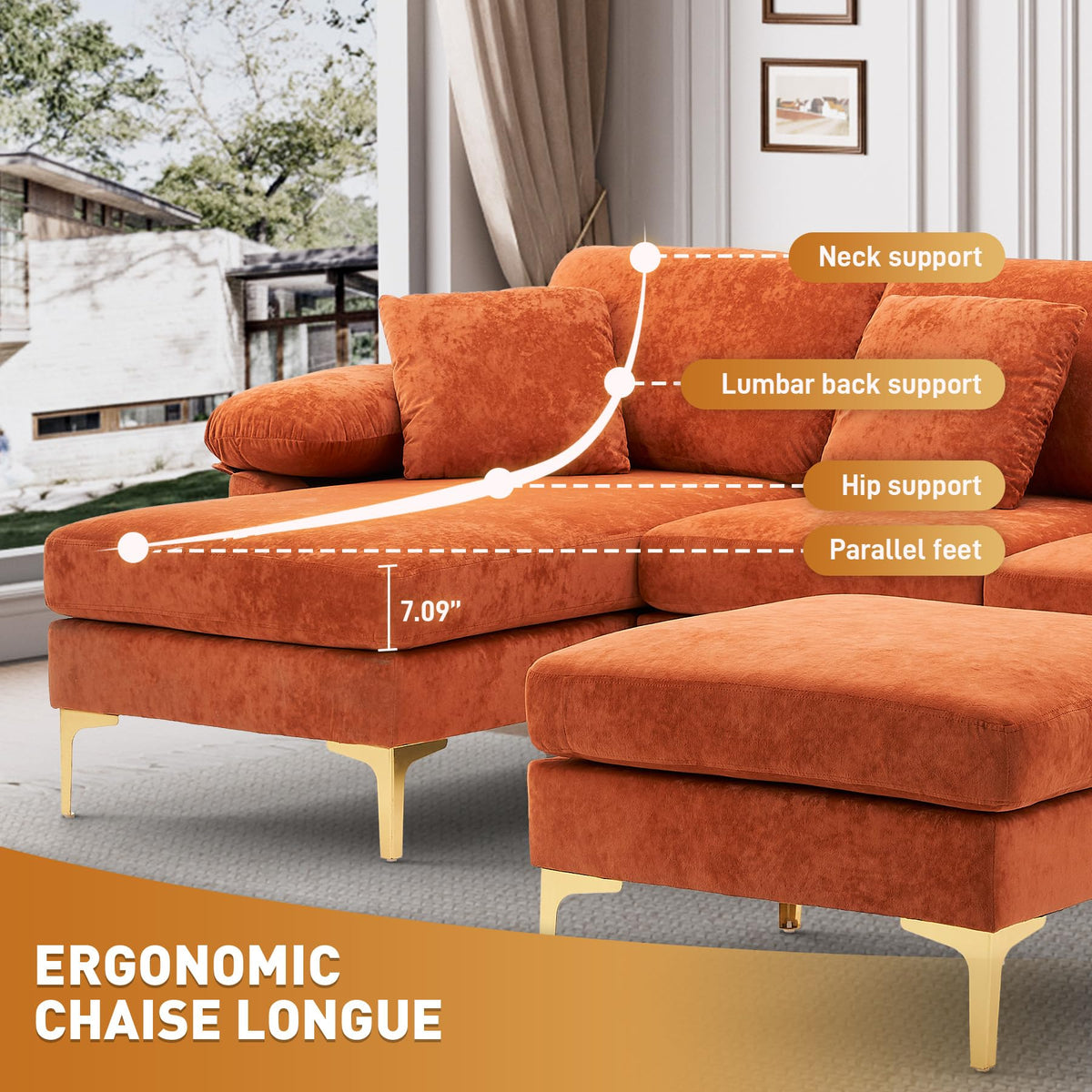 114" U-Shaped Velvet Sectional Couch with Ottoman D597