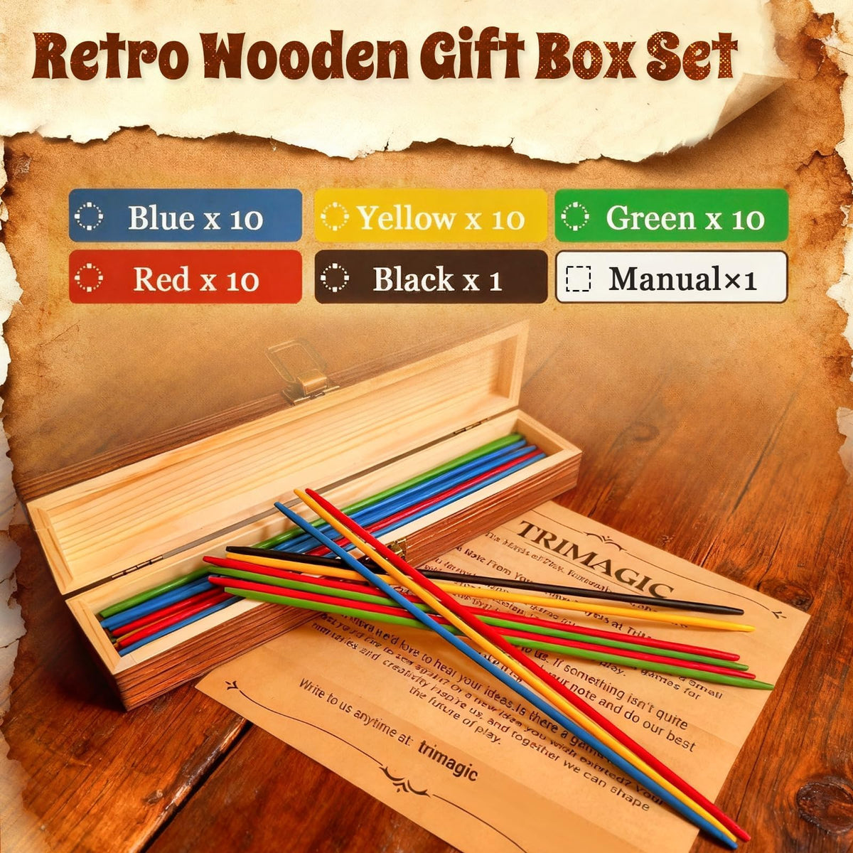 Wooden Gift Boxes 20 Metal Jacks 2 Balls 41 Colored Sticks V240