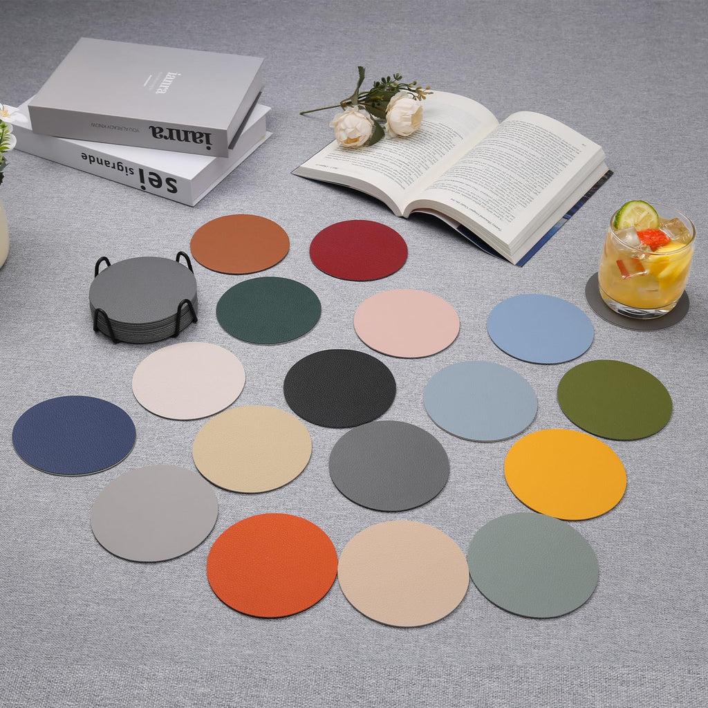 Faux Leather Drink Coasters with Holder, Set of 12 X19651