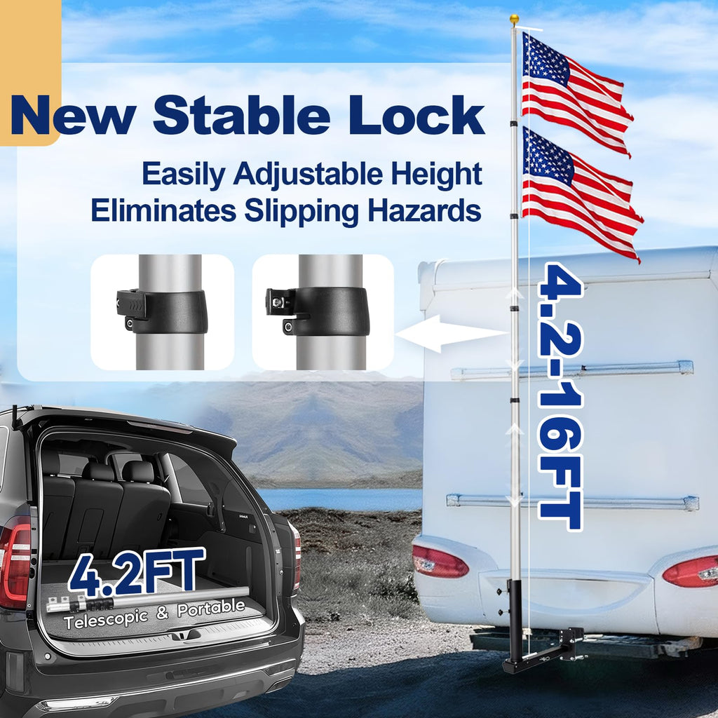16FT Silver Thickened Aluminum RV Flagpole Y16322