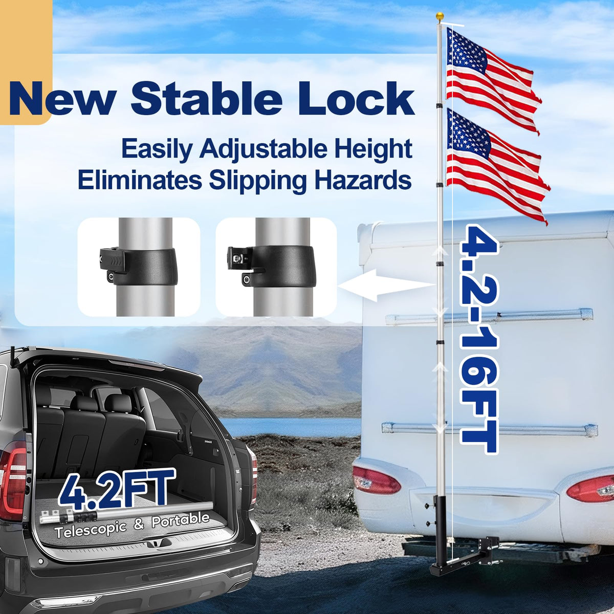 16FT Silver Thickened Aluminum RV Flagpole Y16322