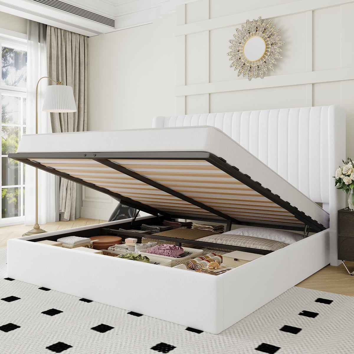 Queen Size Lift Up Storage Bed Frame White B2651