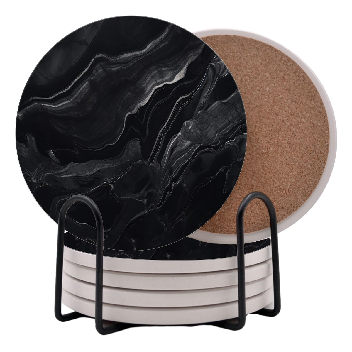 Black Marble Ceramic Coasters Set of 6 with Metal Stand Z17952