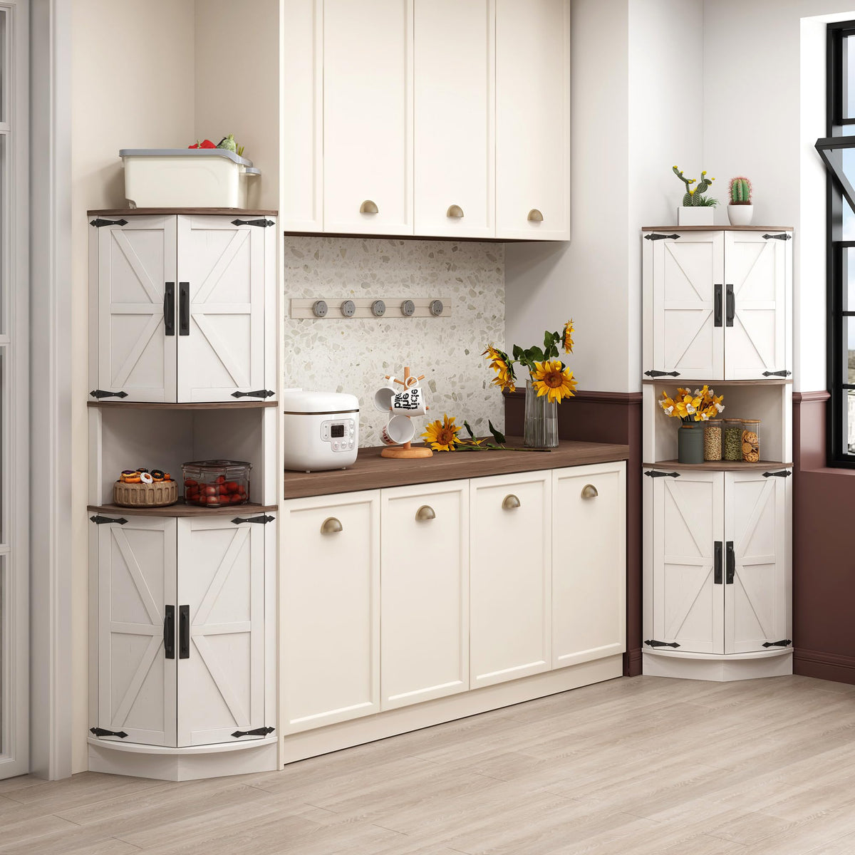 White Tall Corner Storage Cabinet with 4 Doors and 5 Shelves F253