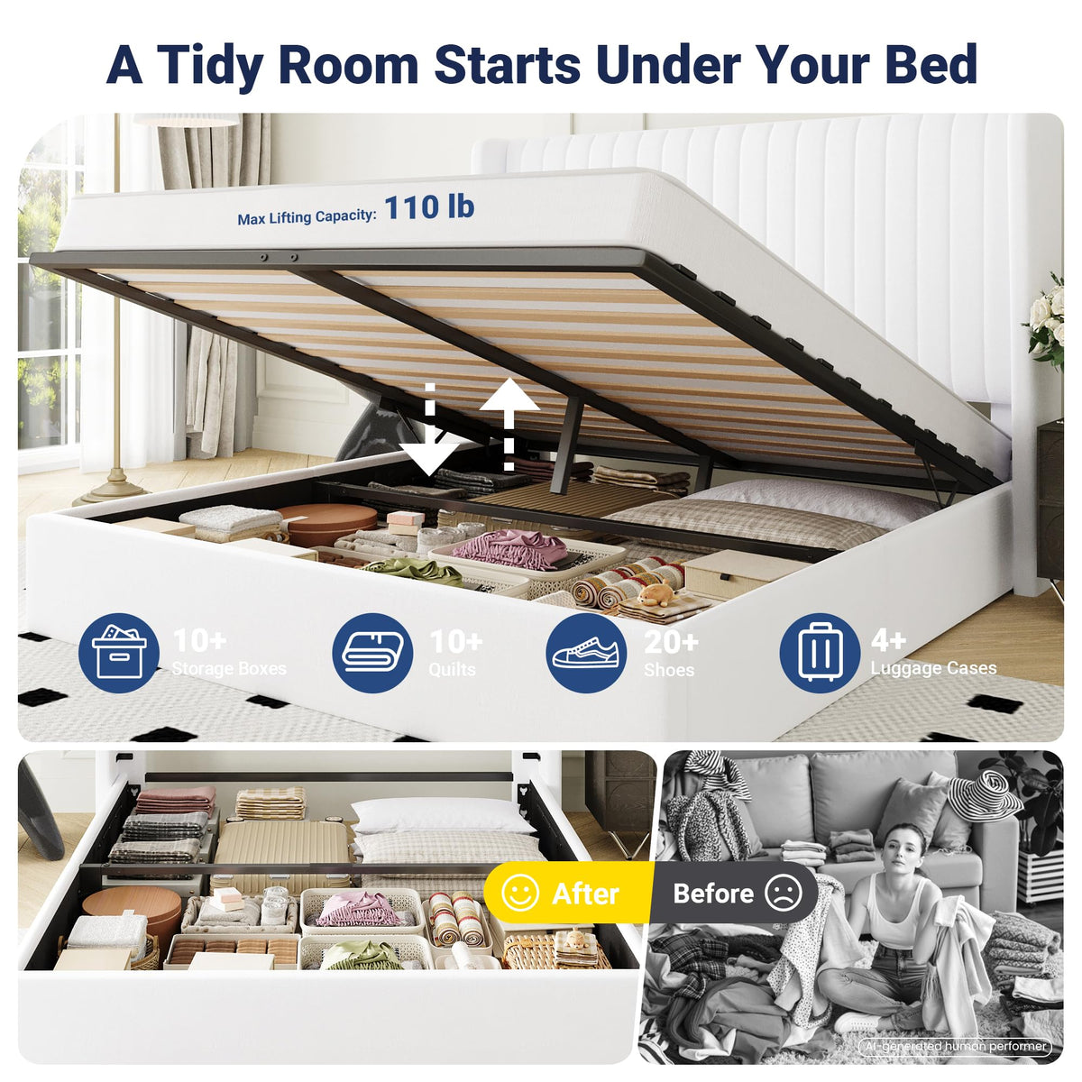 Queen Size Lift Up Storage Bed Frame White B2651