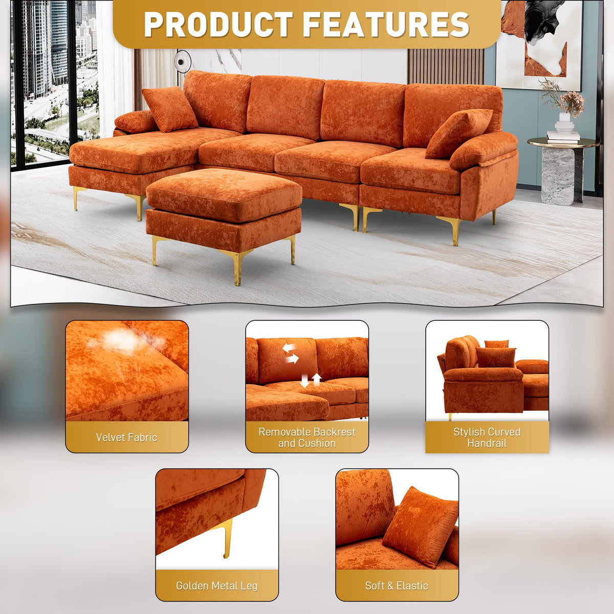 114" U-Shaped Velvet Sectional Couch with Ottoman D597
