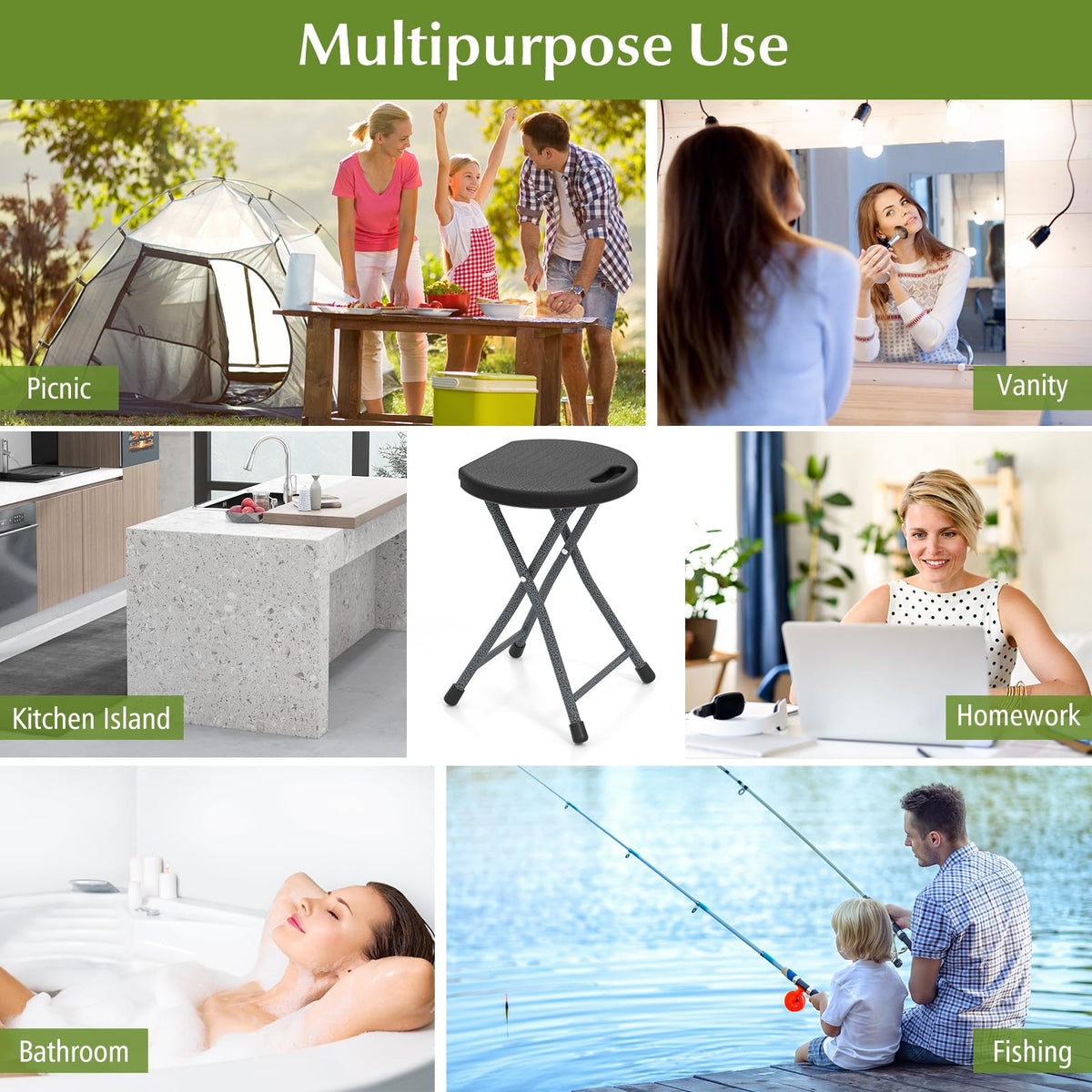 Folding Stool, 18in Portable Collapsible Bar Stool with Handle & Steel Frame R680