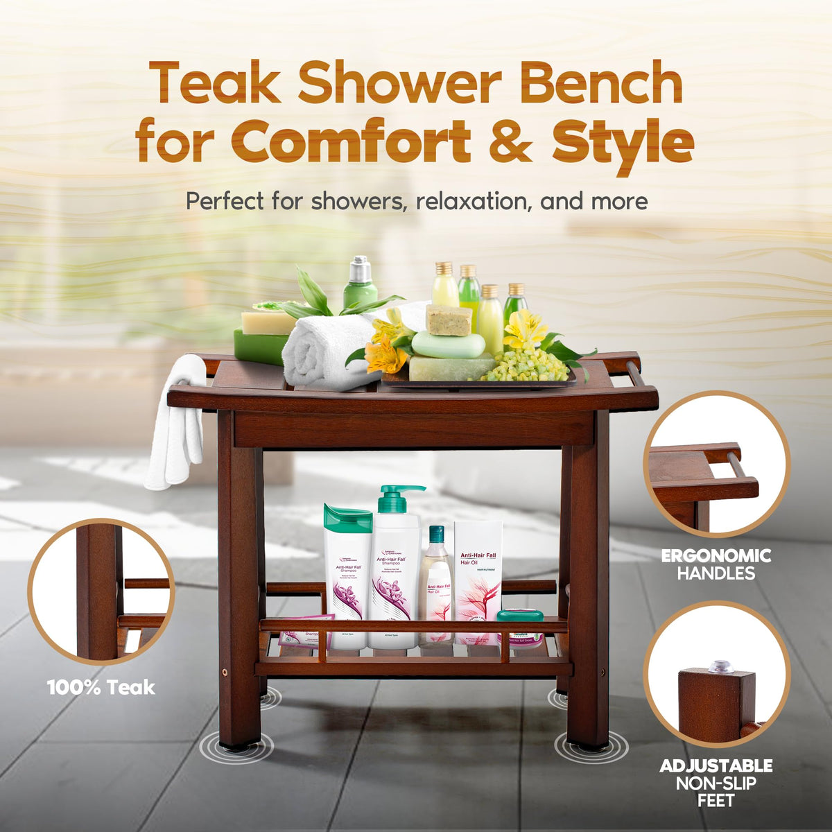 21" Teak Shower Bench with Storage Shelf A9021