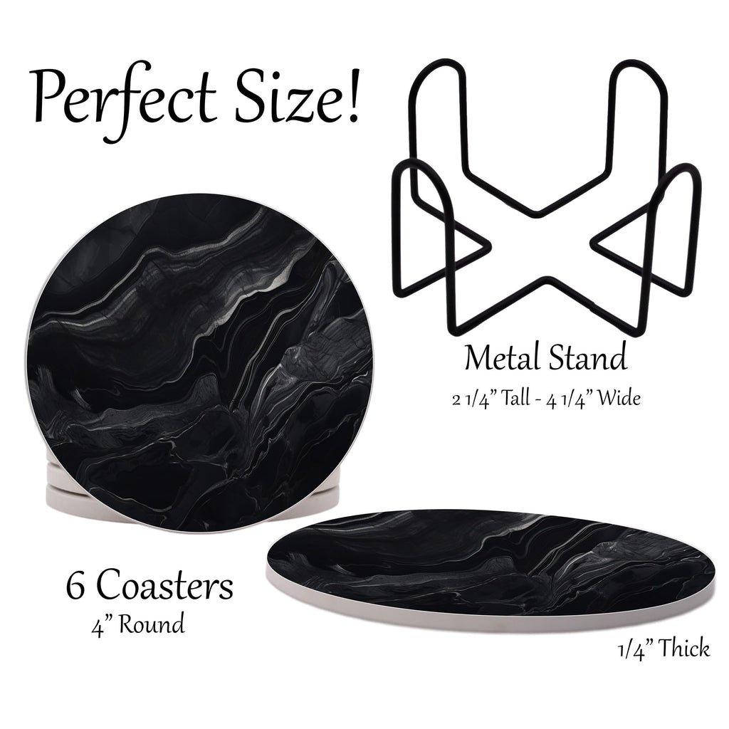 Black Marble Ceramic Coasters Set of 6 with Metal Stand Z17952