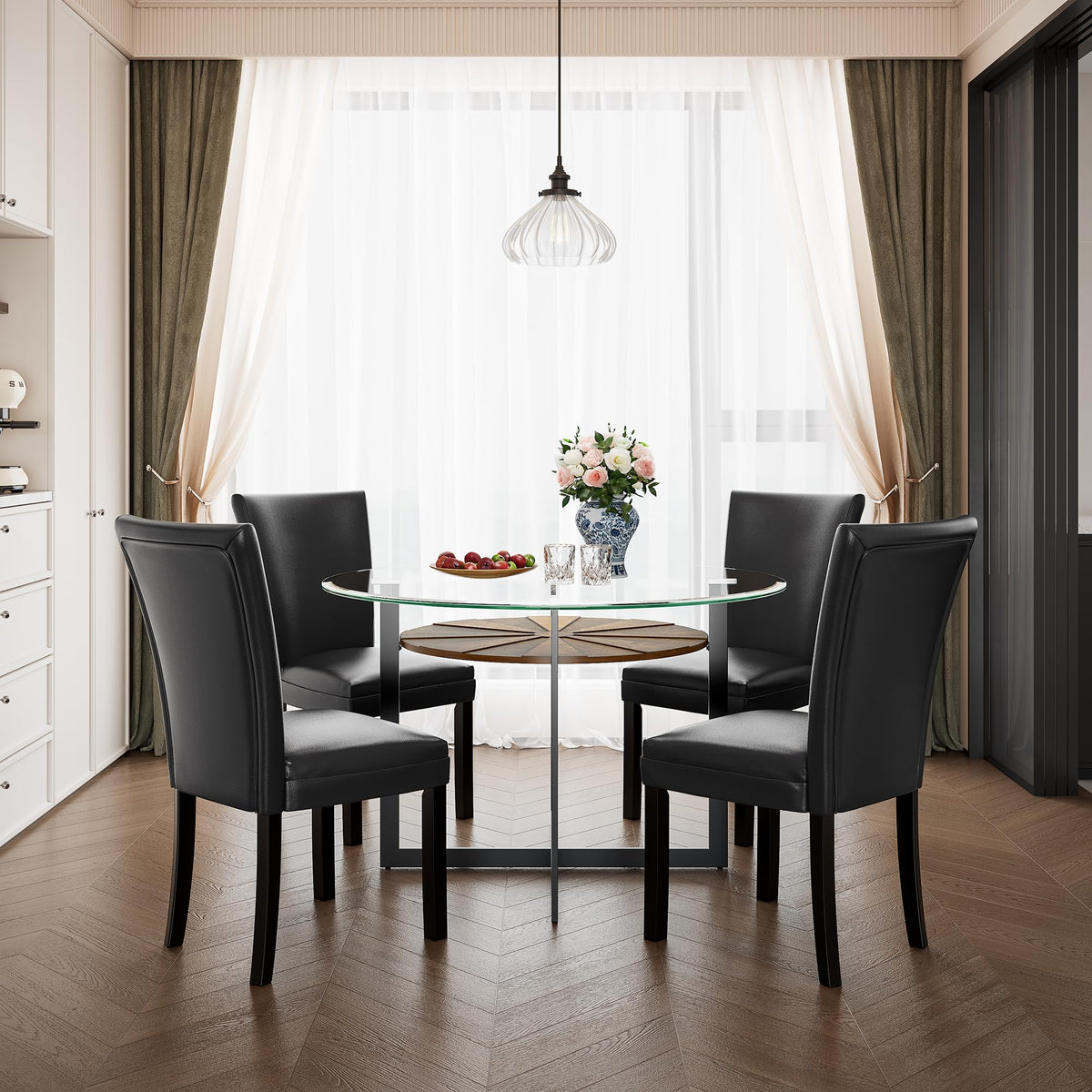 45 inch Round Glass Dining Table Set for 4 with Chairs Q181