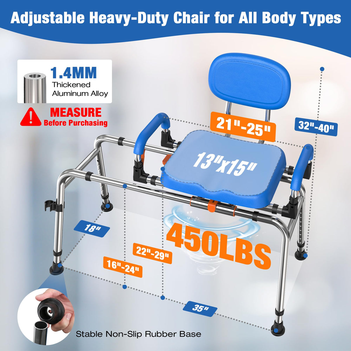 Sliding Shower Chair with 360° Swivel Seat and Adjustable Height A66167