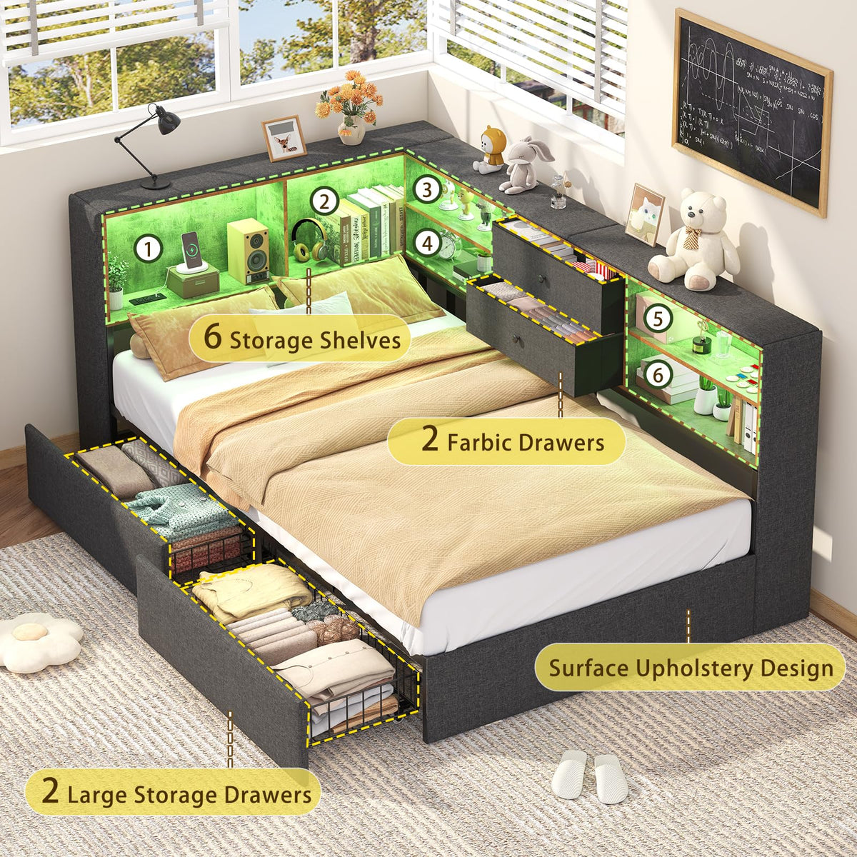 Twin Corner Bed Frame with Storage Drawers V6301
