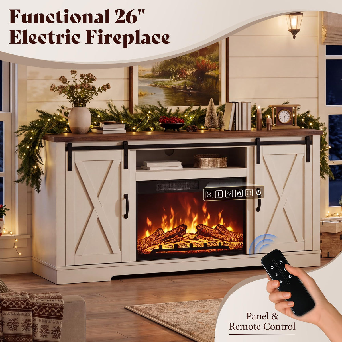 Fireplace TV Stand with Sliding Barn Door T88770