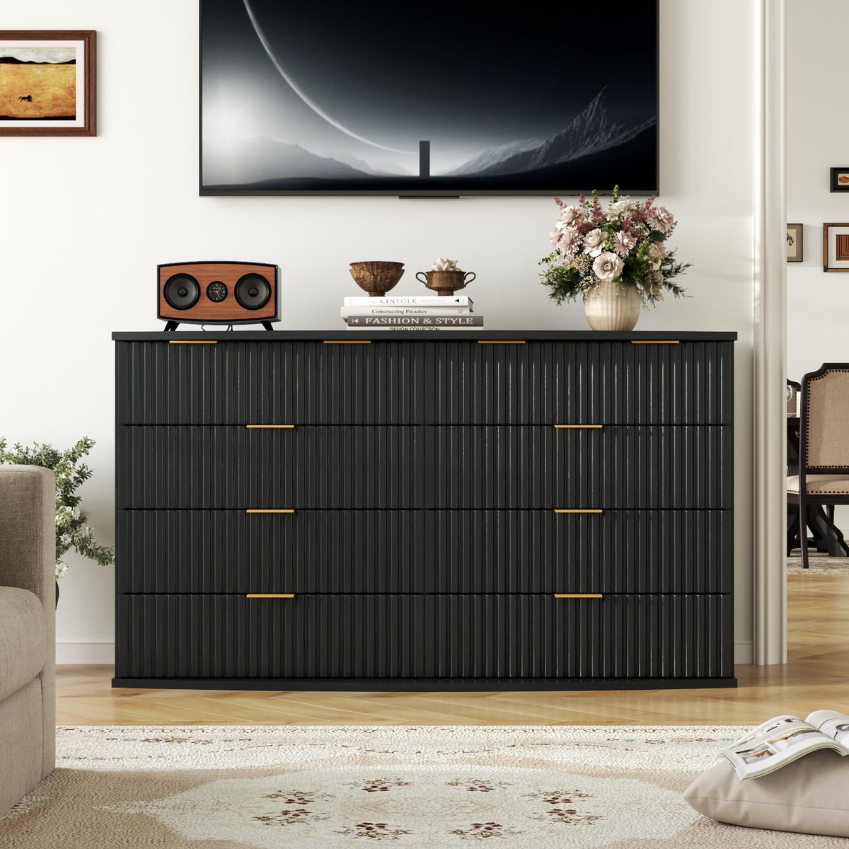 Black 8 Drawer Fluted Wood Dresser with Power Outlet D72455