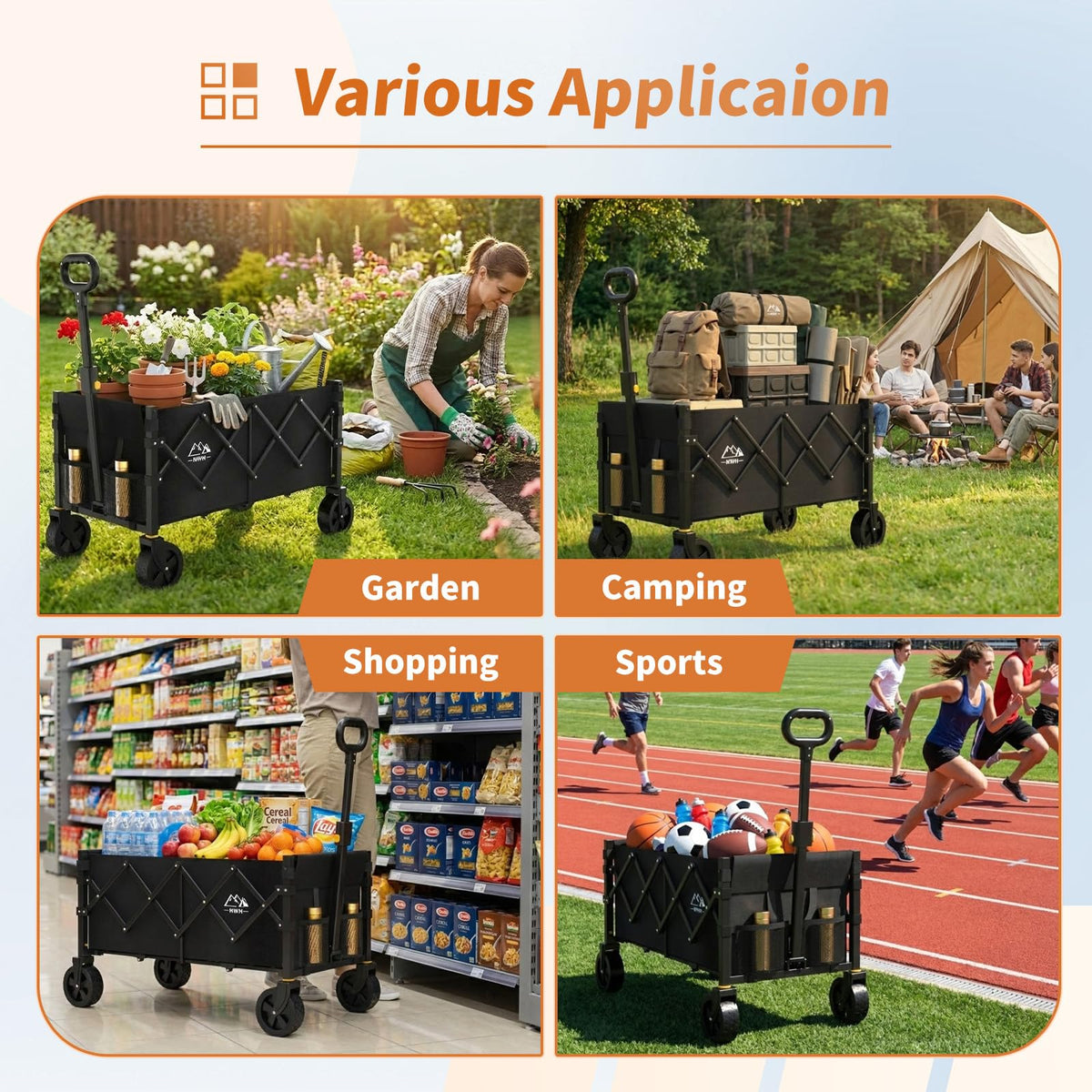 34'' Extra Long Collapsible Wagon, 380lbs Heavy Duty Utility Cart with All-Terrain Wheels U1556