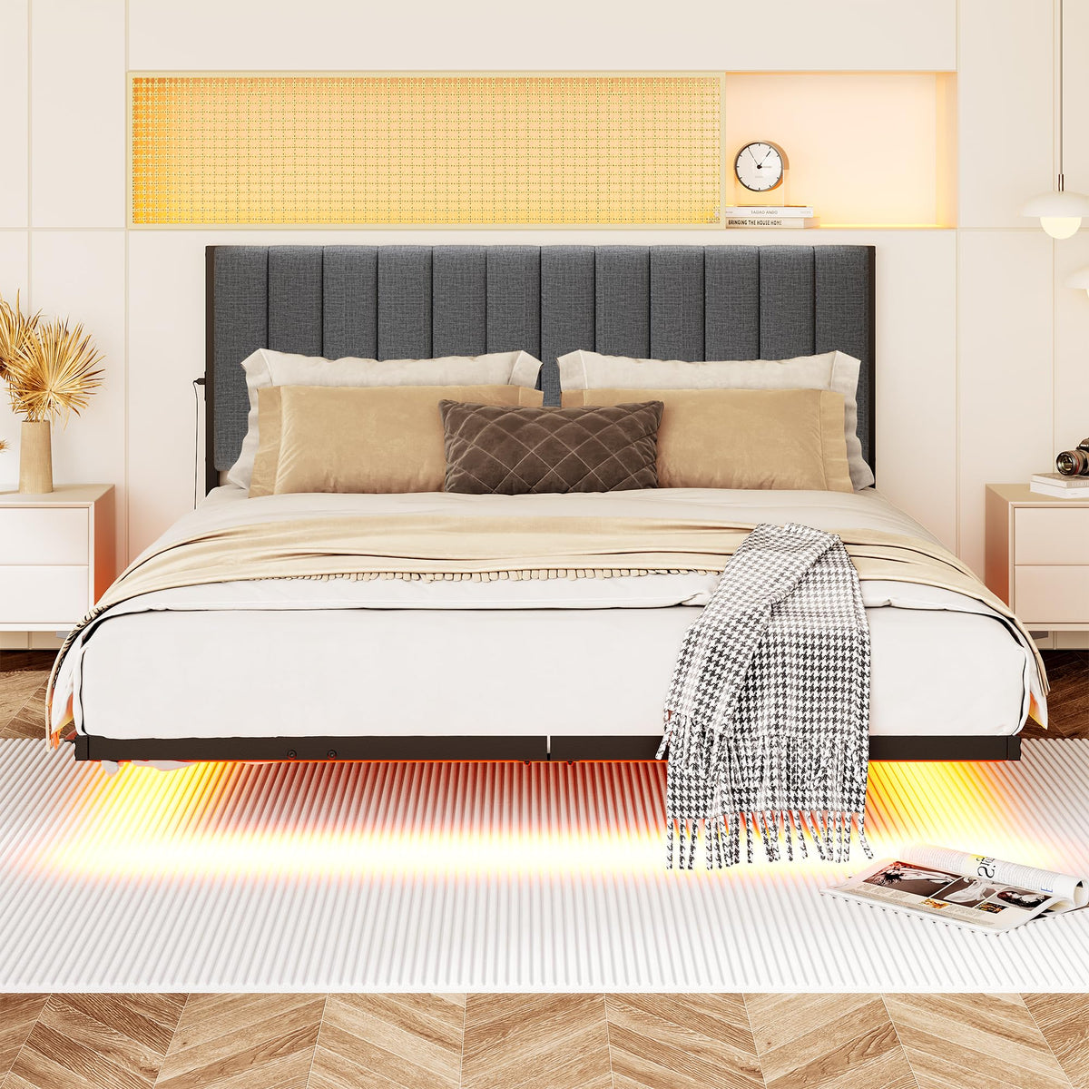 Full Size Metal Platform Bed Frame with LED Lights and Charging Port Q241742