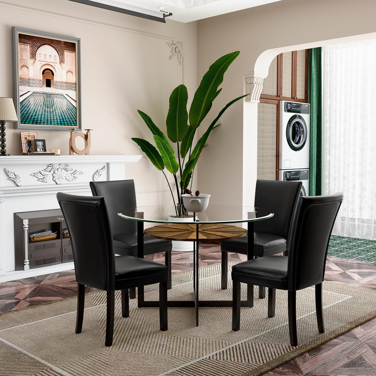 45 inch Round Glass Dining Table Set for 4 with Chairs Q181