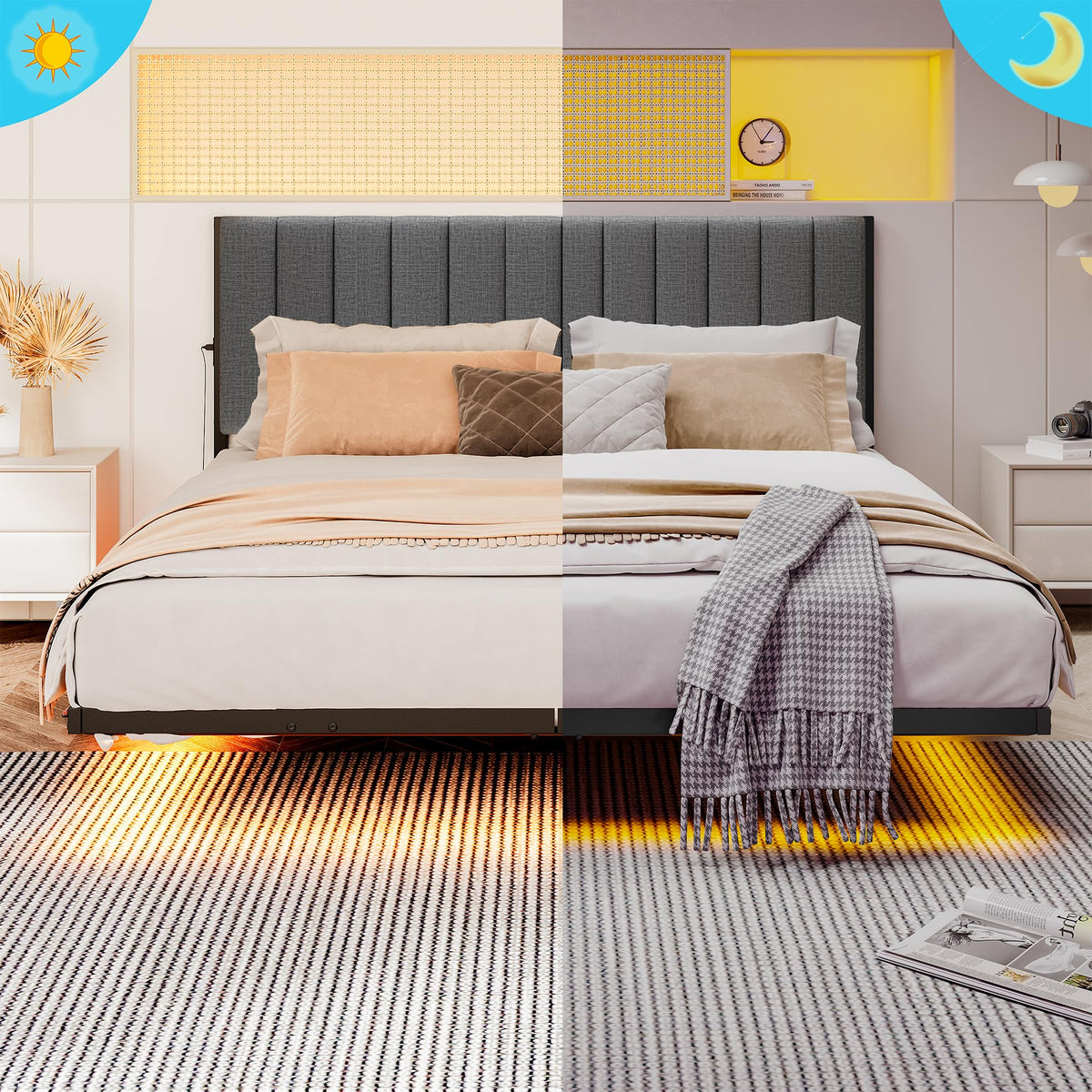 Full Size Metal Platform Bed Frame with LED Lights and Charging Port Q241742