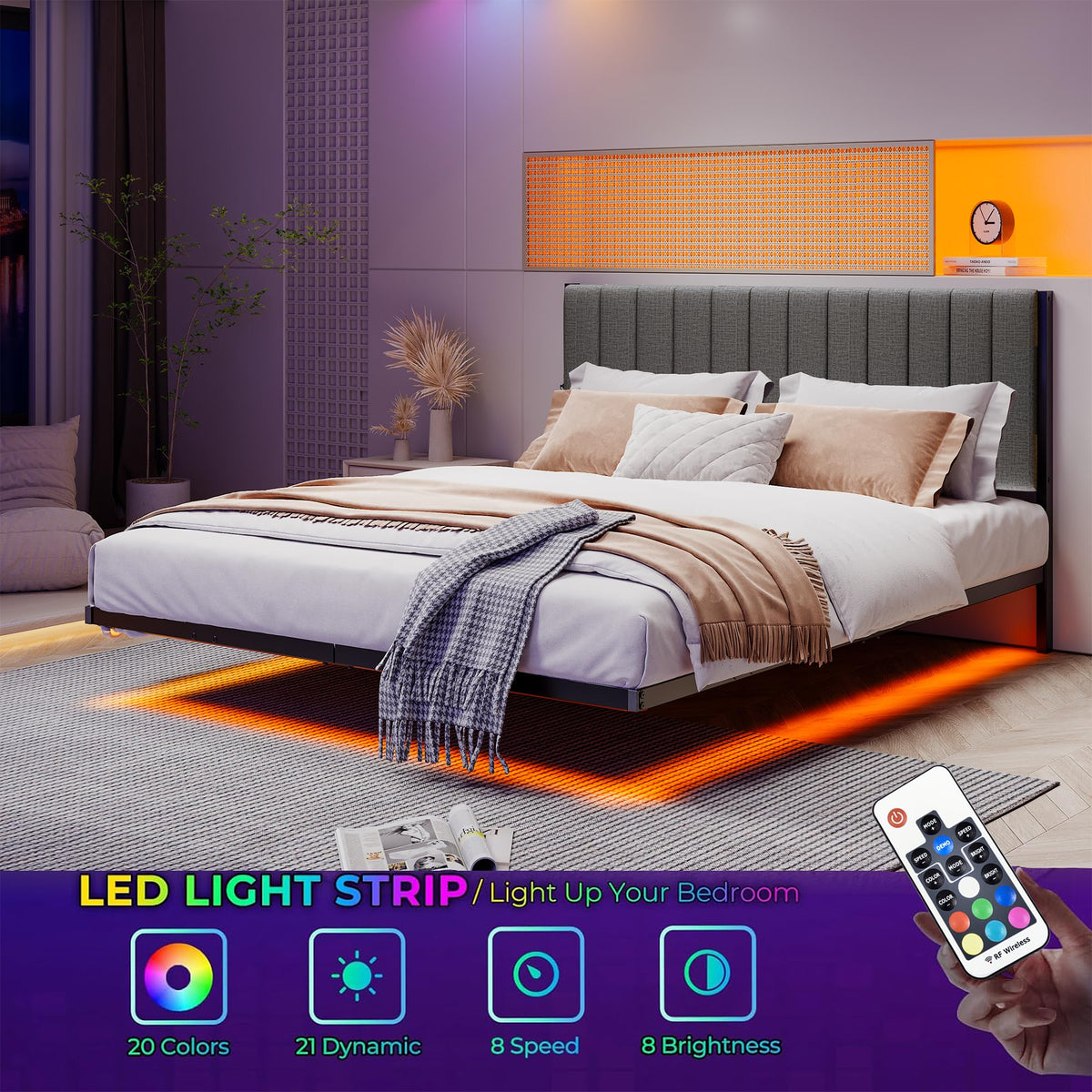 Full Size Metal Platform Bed Frame with LED Lights and Charging Port Q241742